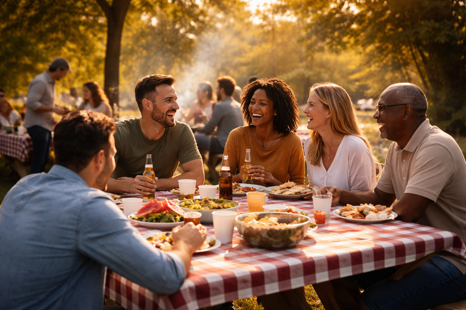 Friends sharing a meal outdoors