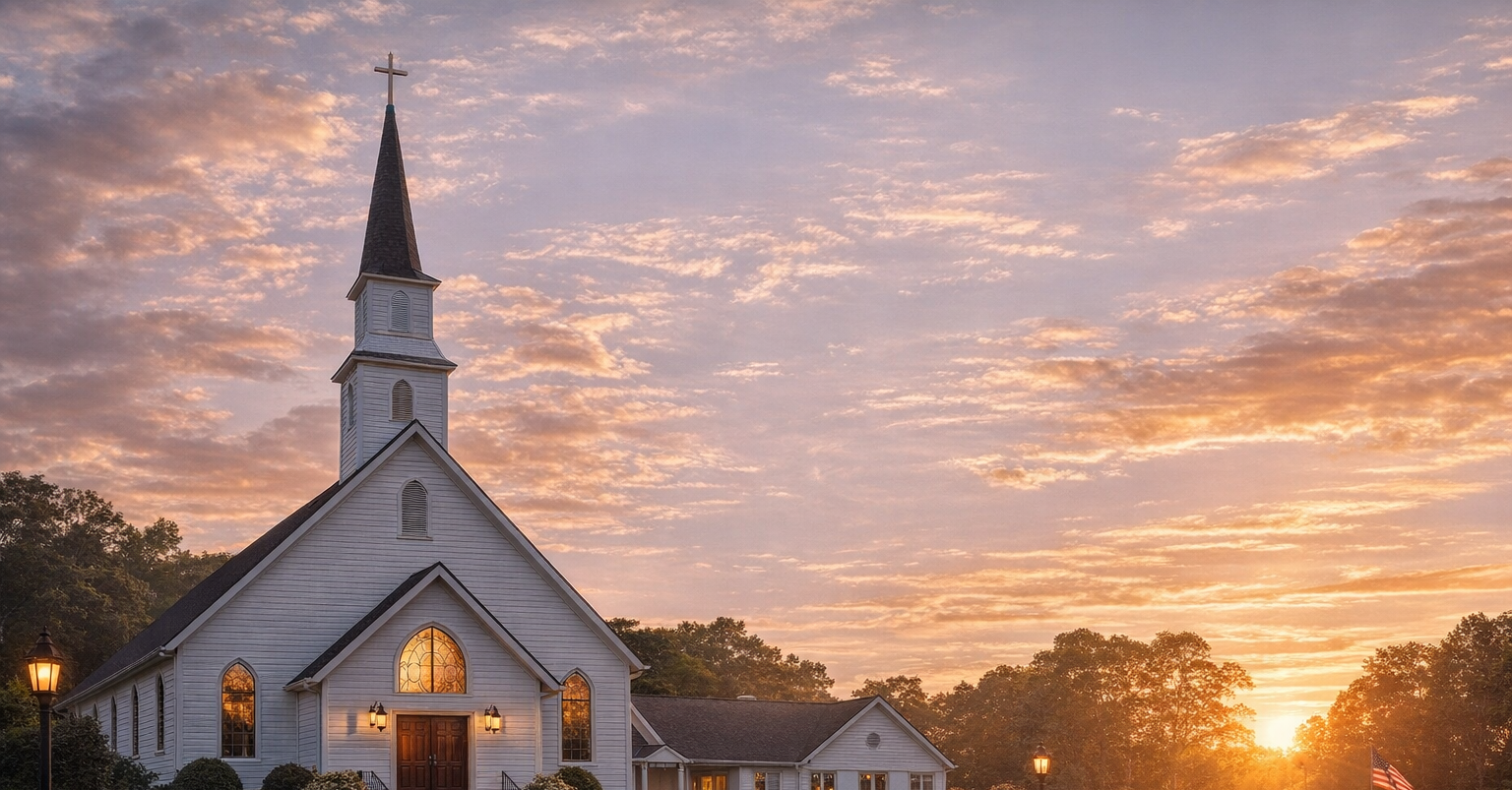 Church building beneath a sunset sky